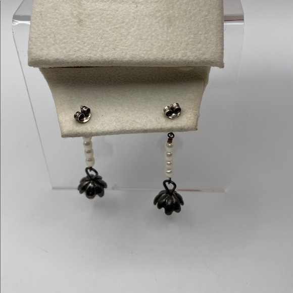Vintage Sterling Silver 925 White Cultured Pearl Dangle Drop Earrings Pierced
